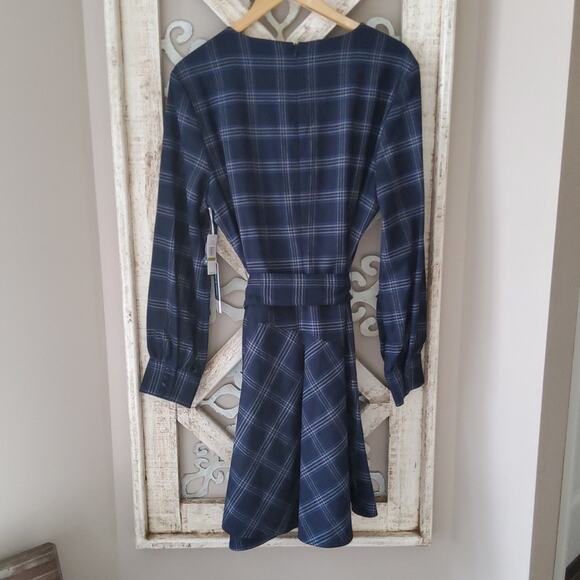 Court & Rowe Women's Soft Asymmetrical Belted Midi A-Line Dress Navy Blue Plaid - Picture 8 of 11